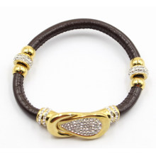 Black Gunine Leather Bracelet with Gold Stainless Steel Charm and Clasp